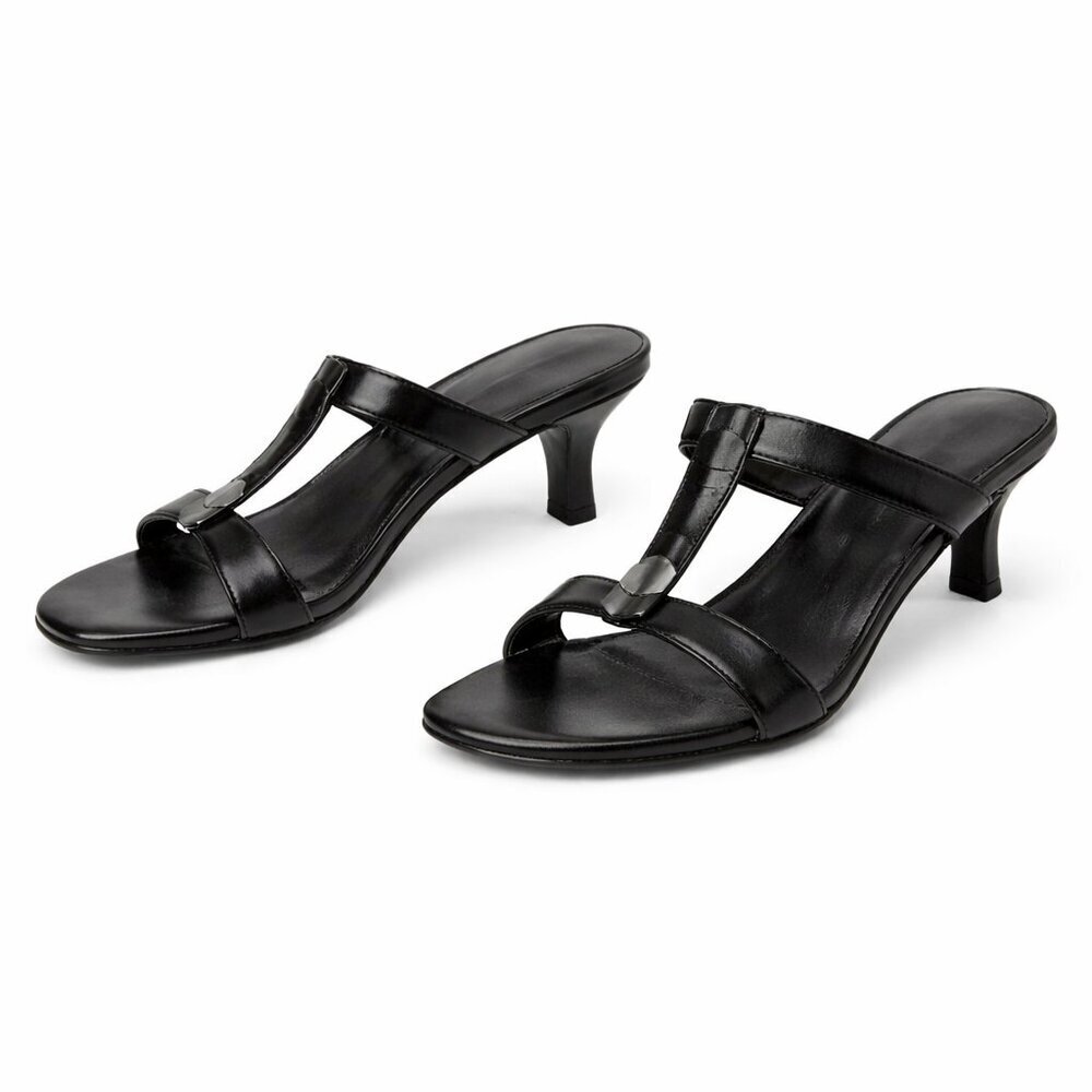 AK Anne Klein Black T-Strap Slip-On Kitten Heels SIze 7.5 M – Sleek Metal Link